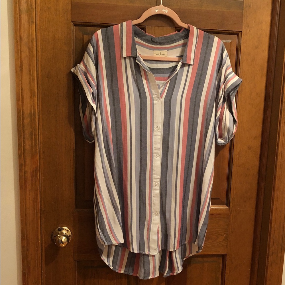Thread and Supply Striped Button-Front Tunic Top in Blue, Pink & White
